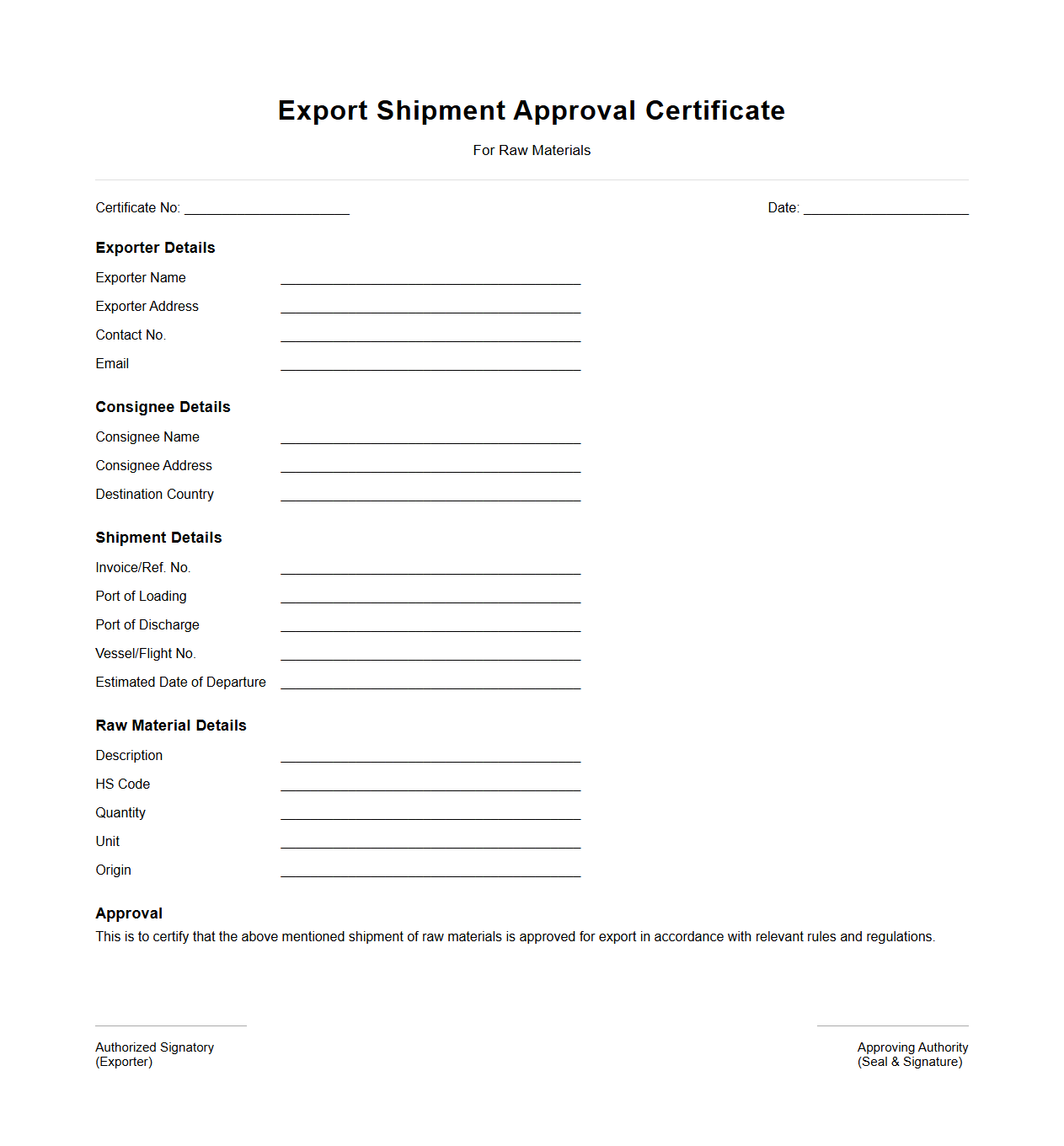 Export Shipment Approval Certificate for Raw Materials