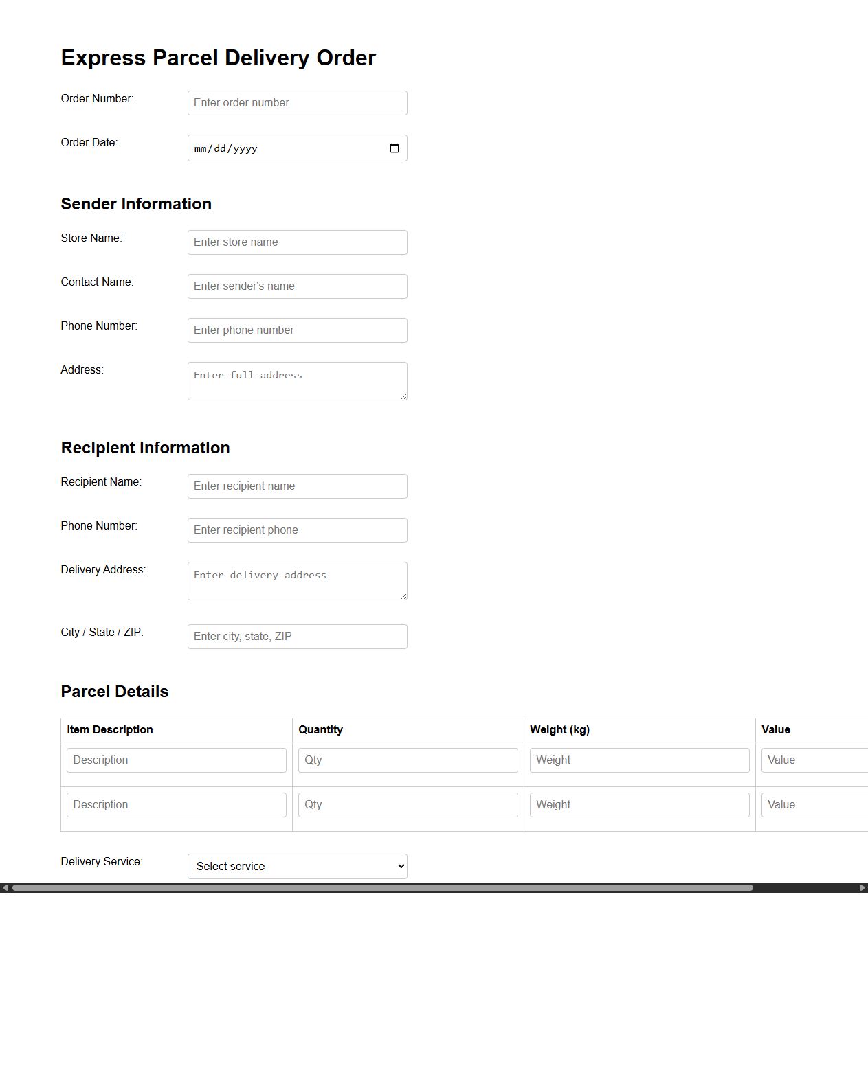 Express Parcel Delivery Order Format for Online Stores
