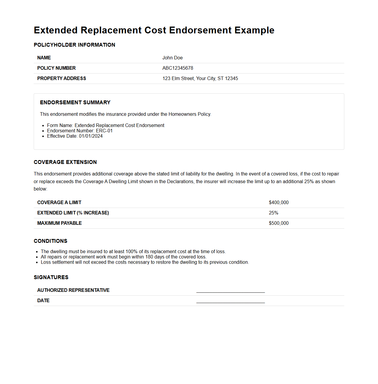 Extended Replacement Cost Endorsement Example