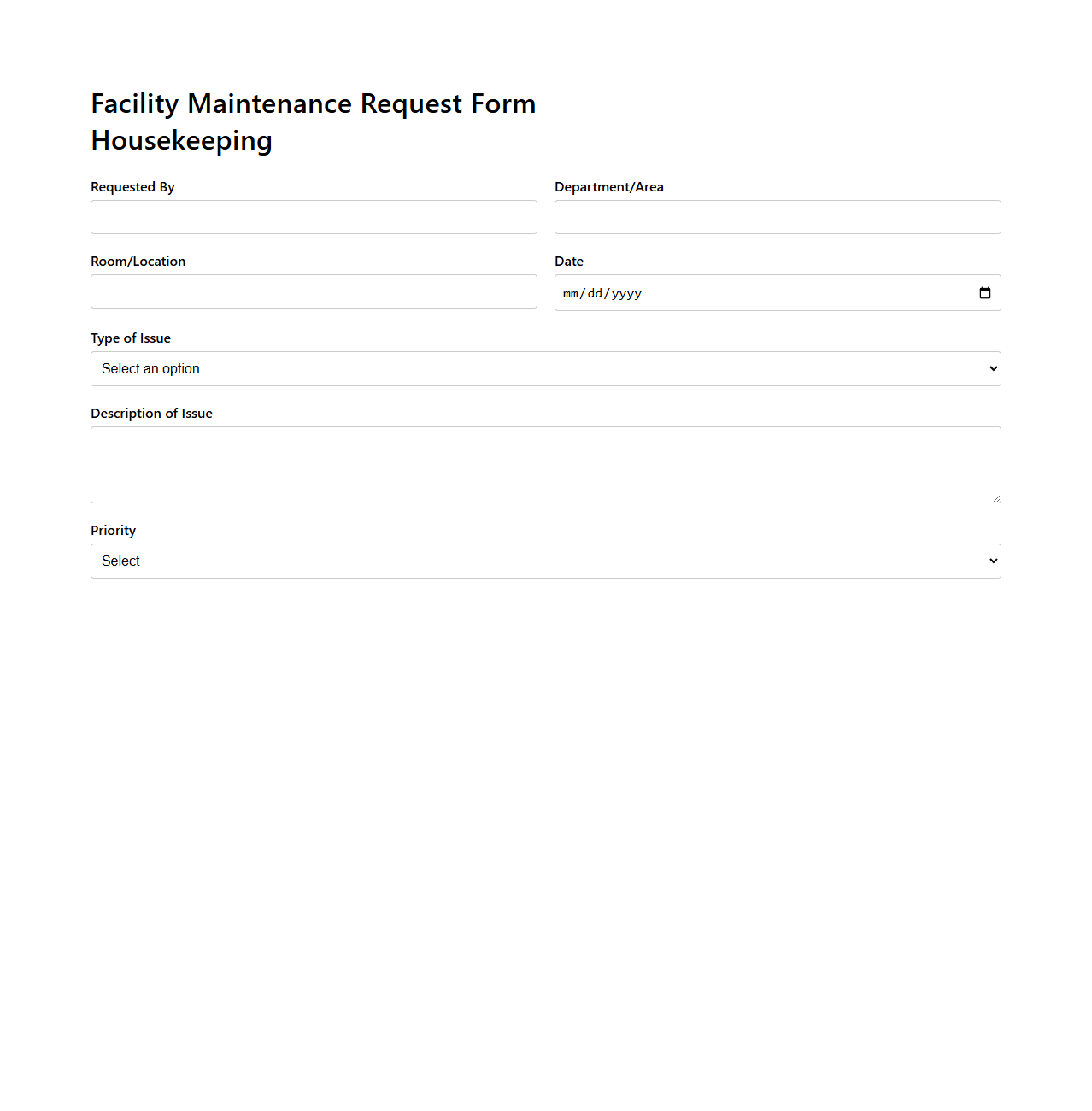 Facility Maintenance Request Form for Housekeeping