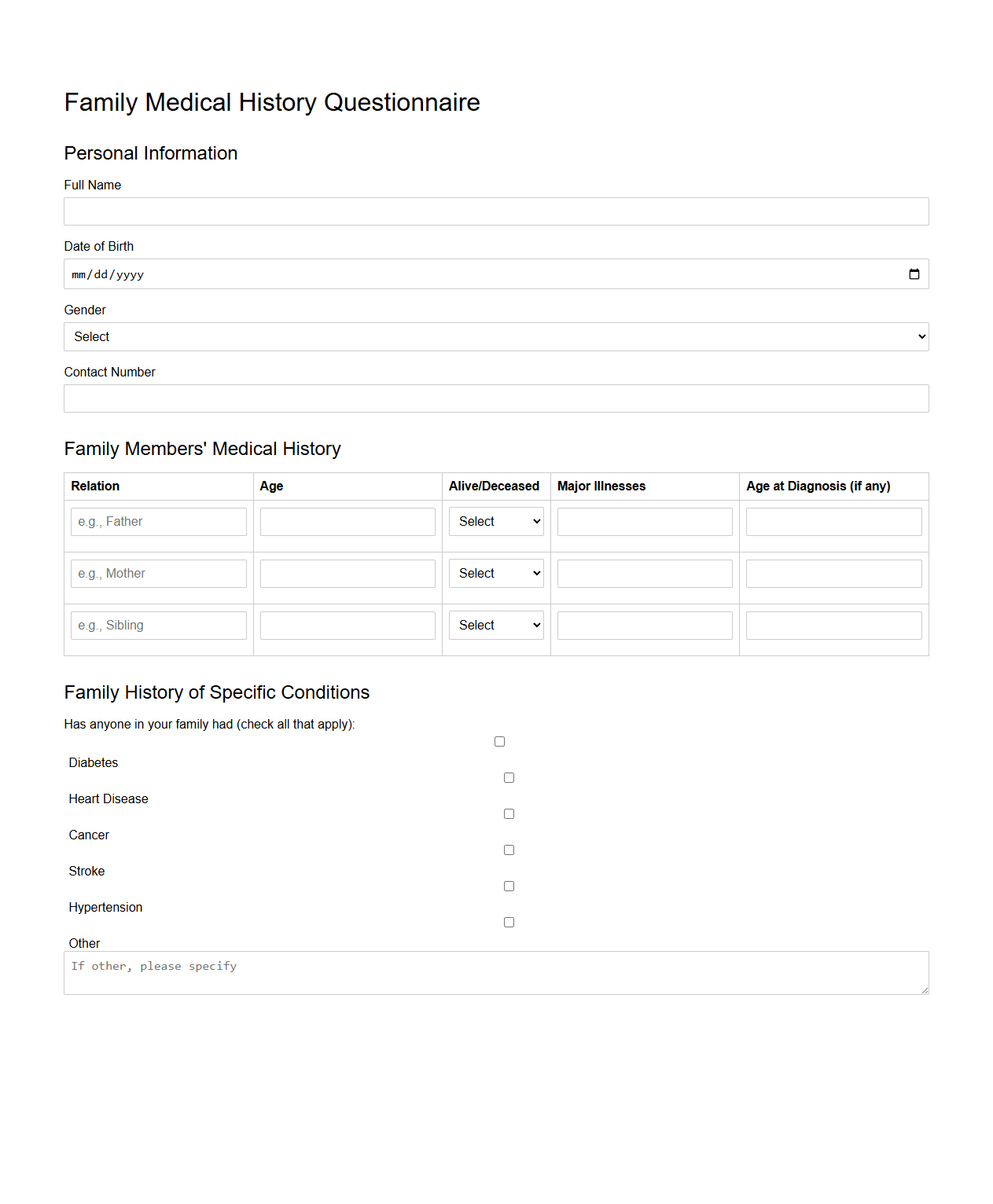 Family Medical History Questionnaire