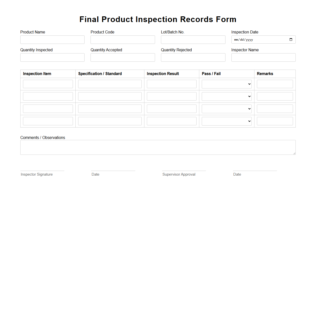 Final Product Inspection Records Form