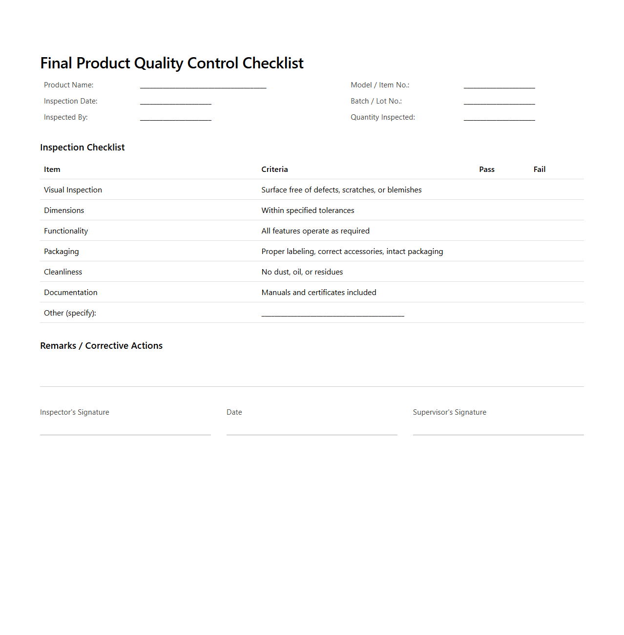 Final Product Quality Control Checklist