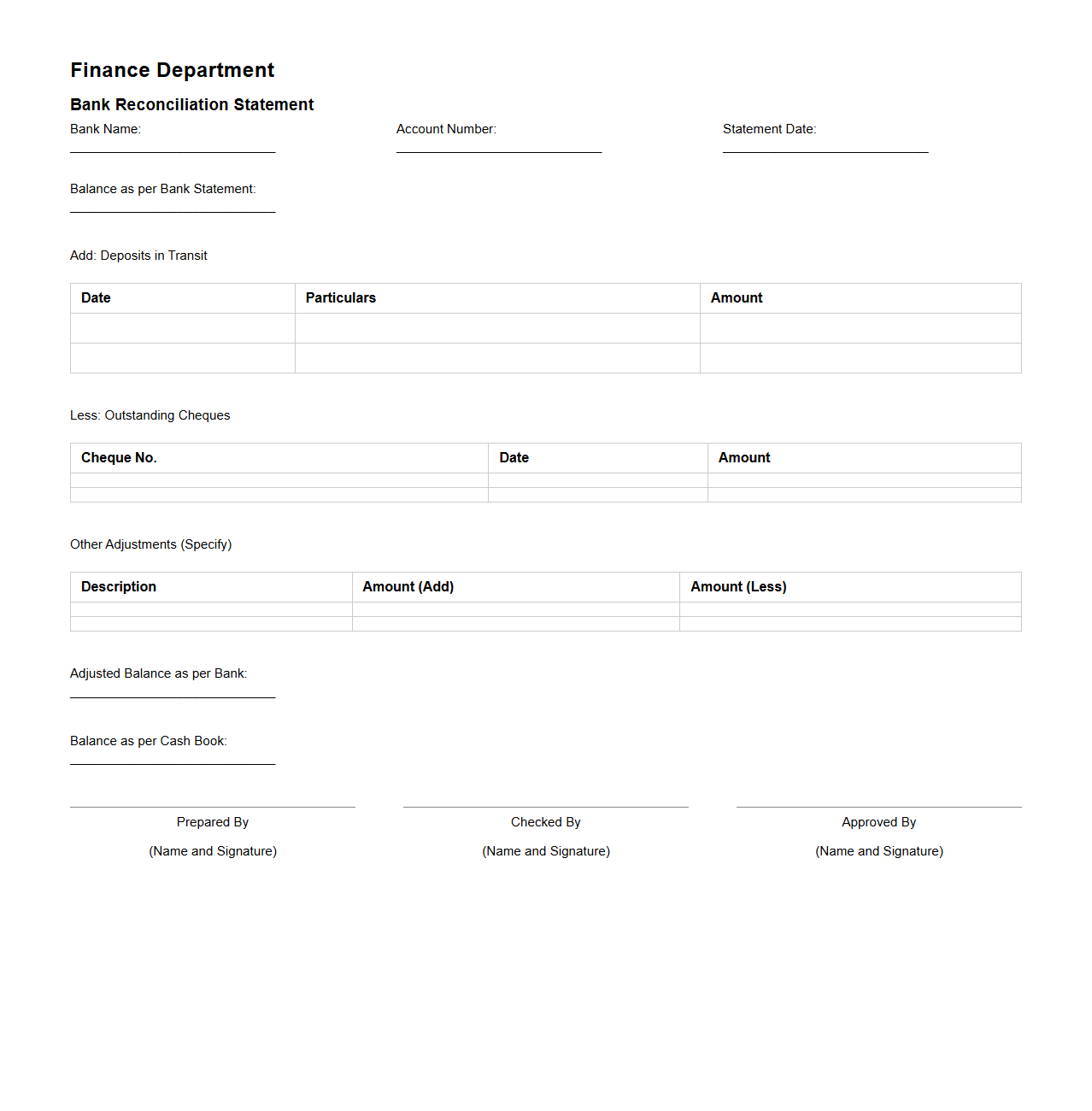 Finance Department Bank Reconciliation Format