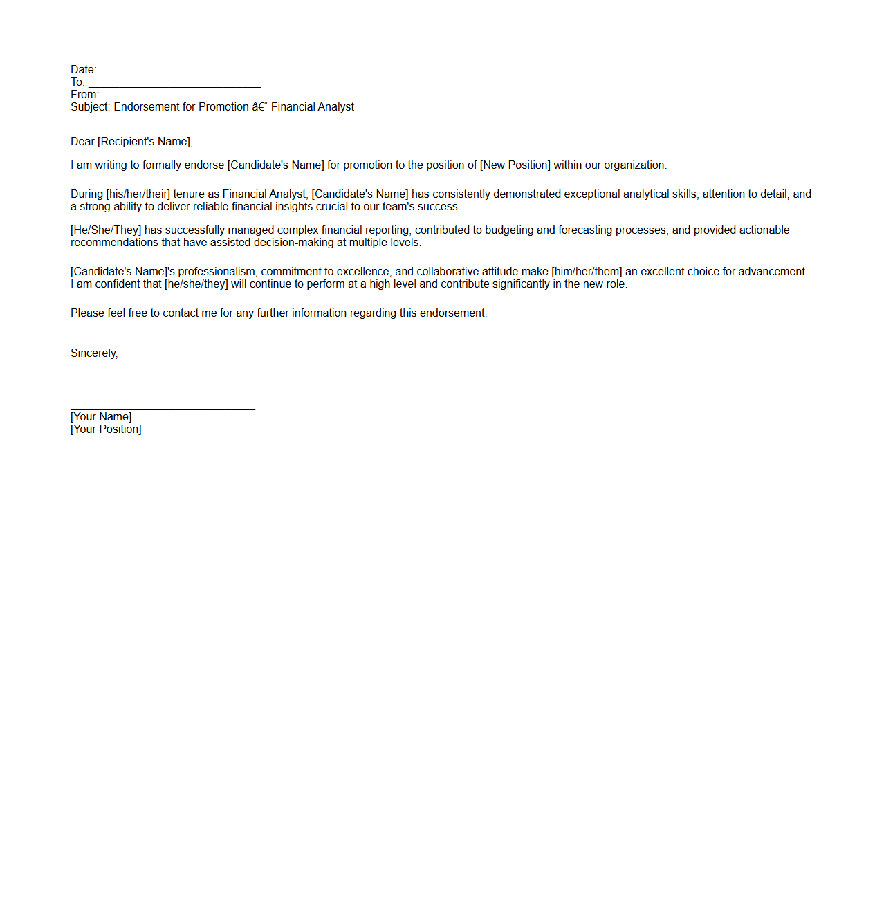 Financial Analyst Promotion Endorsement Letter