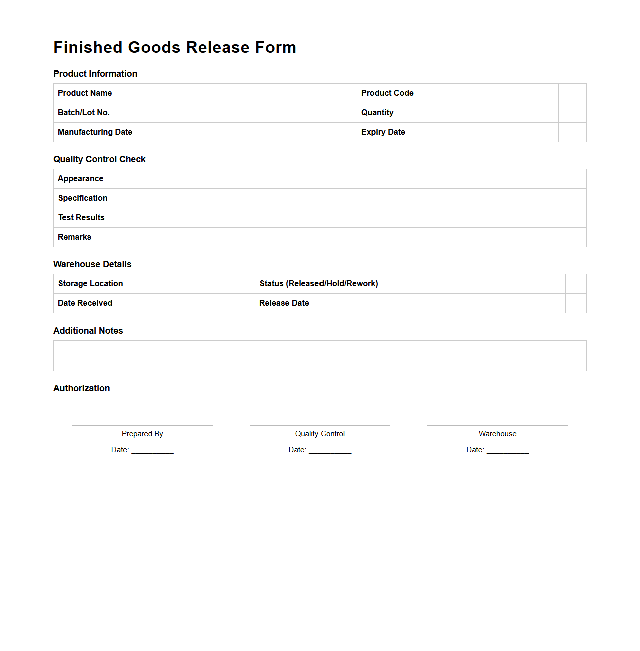 Finished Goods Release Form Template