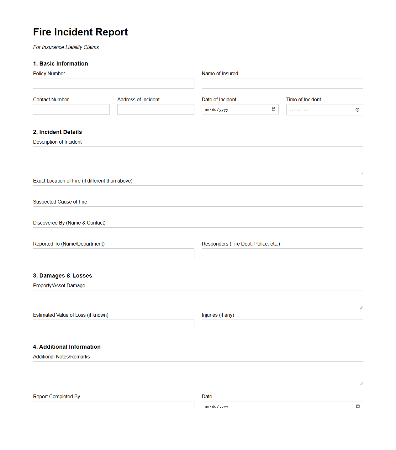 Fire Incident Report for Insurance Liability Claims