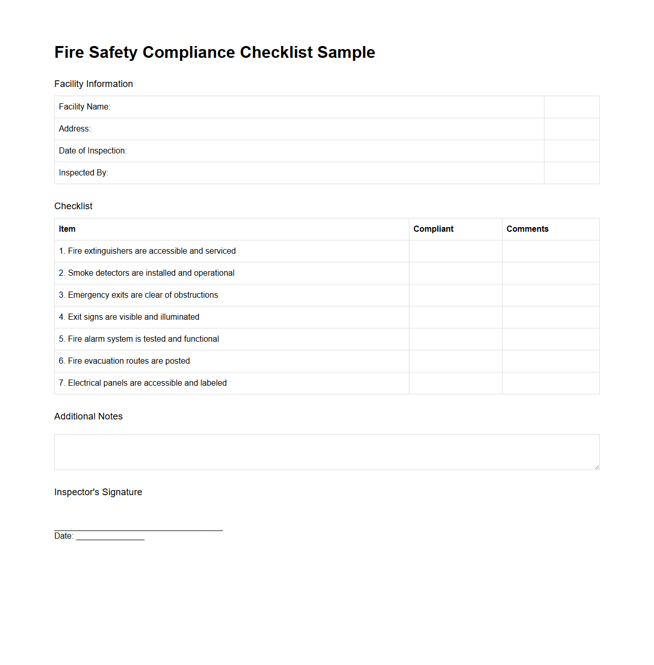 Fire Safety Compliance Checklist Sample