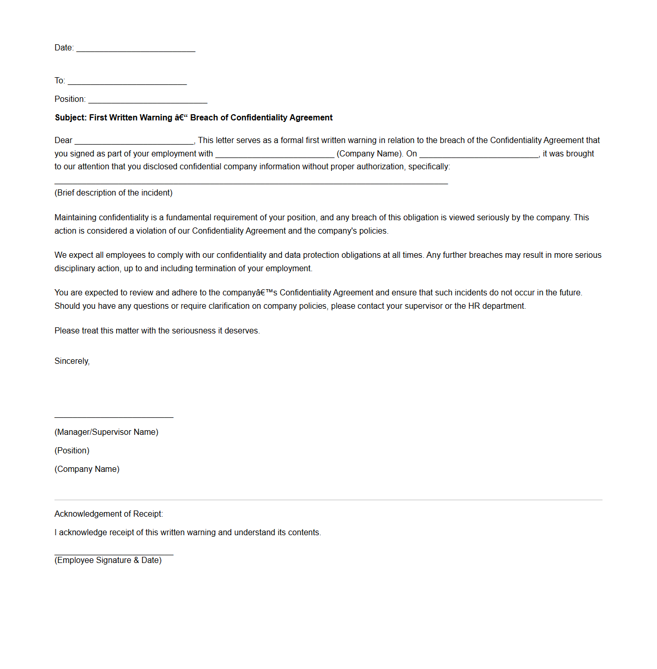 First Written Warning for Confidentiality Agreement Breach