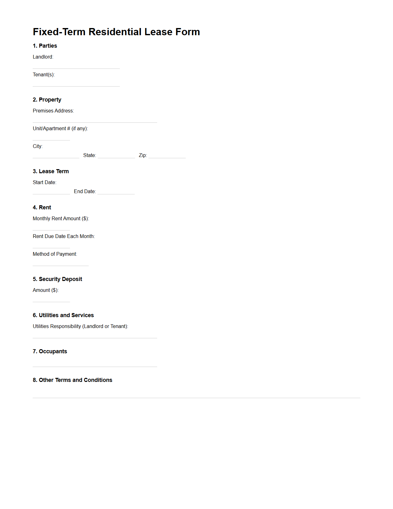 Fixed-Term Residential Lease Form
