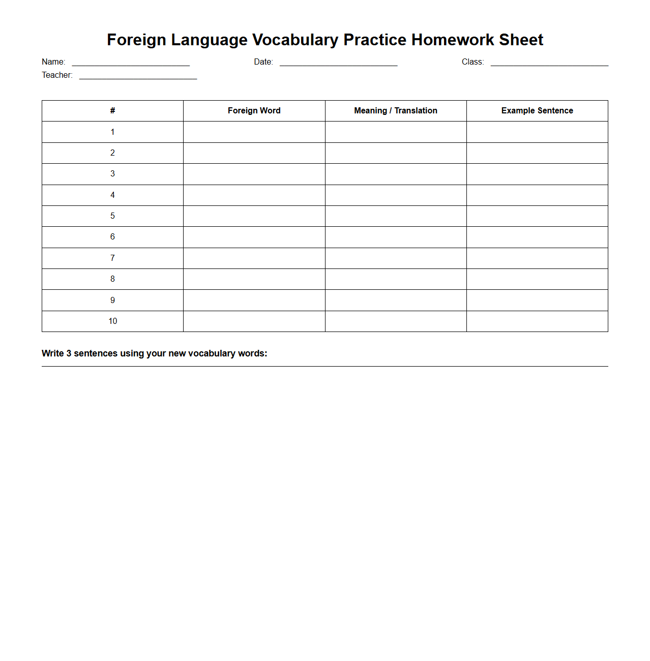 Foreign Language Vocabulary Practice Homework Sheet for Secondary Learners