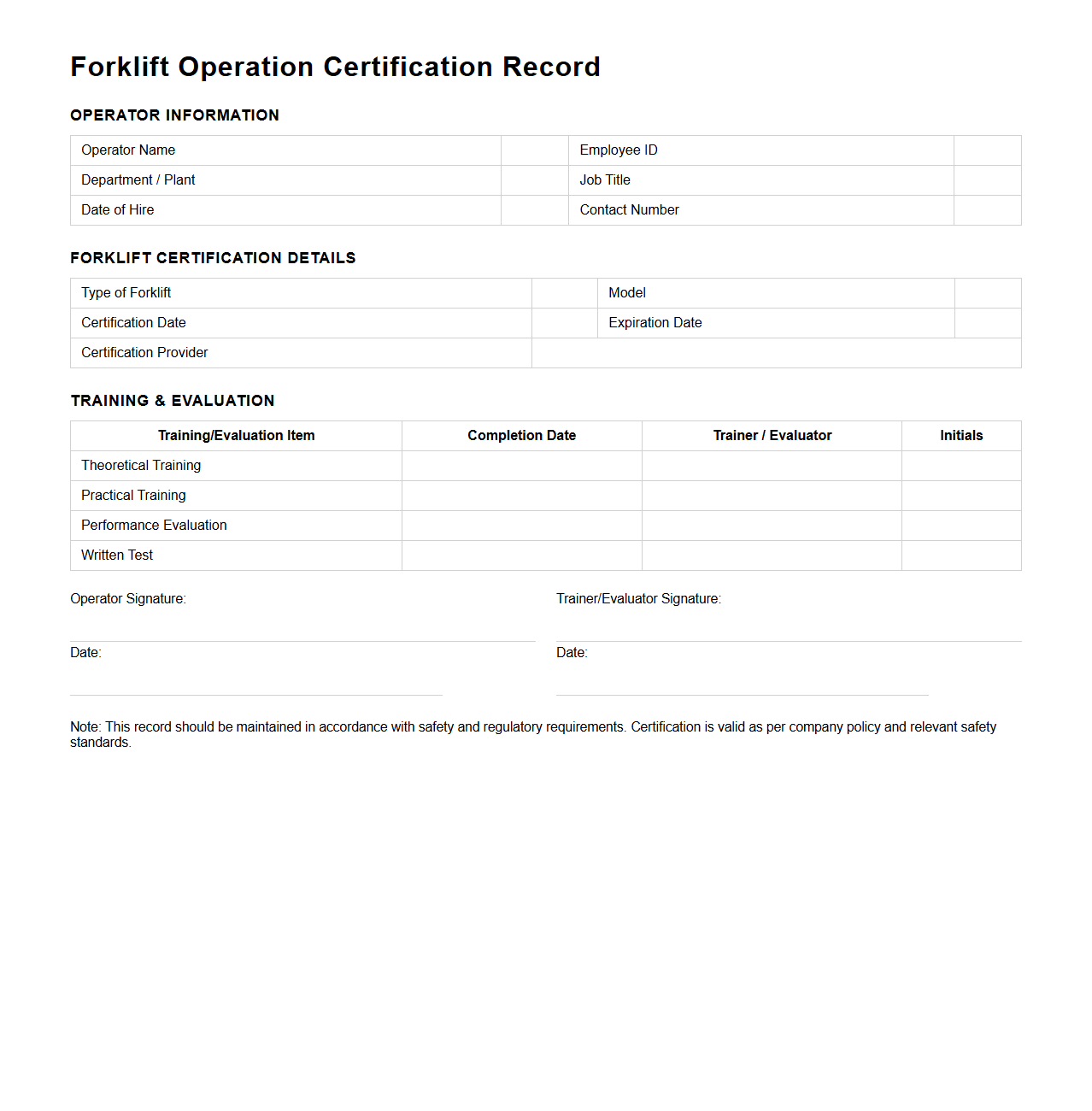 Forklift Operation Certification Record for Plant Operators