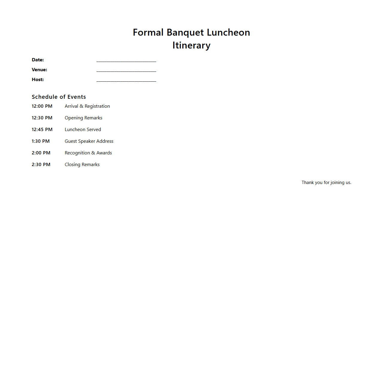 Formal Banquet Luncheon Itinerary Format