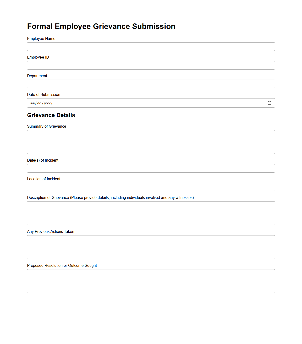Formal Employee Grievance Submission Sample