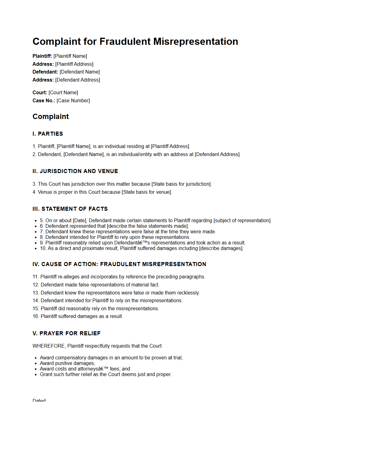 Fraudulent Misrepresentation Complaint Draft