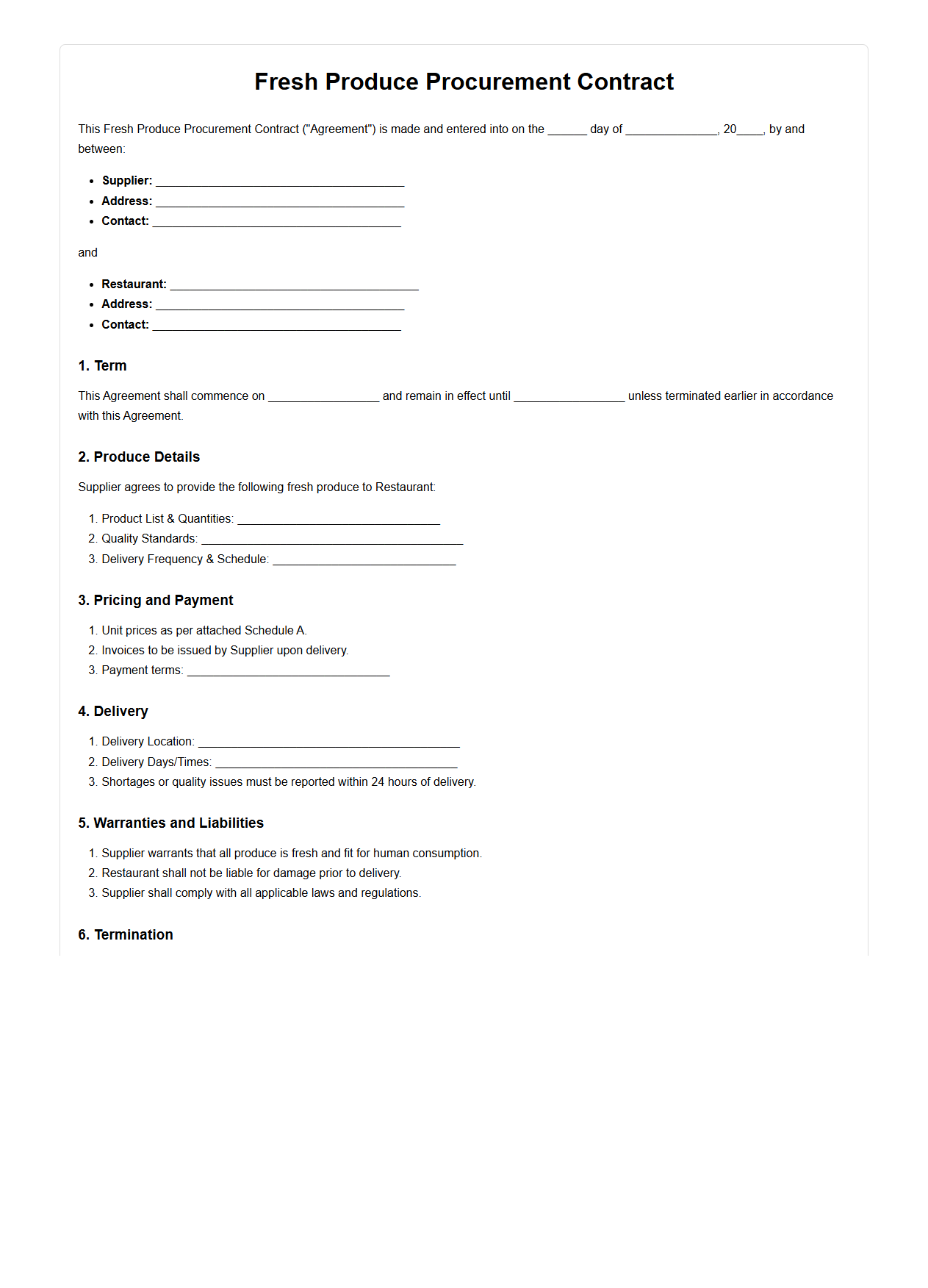 Fresh Produce Procurement Contract for Restaurants
