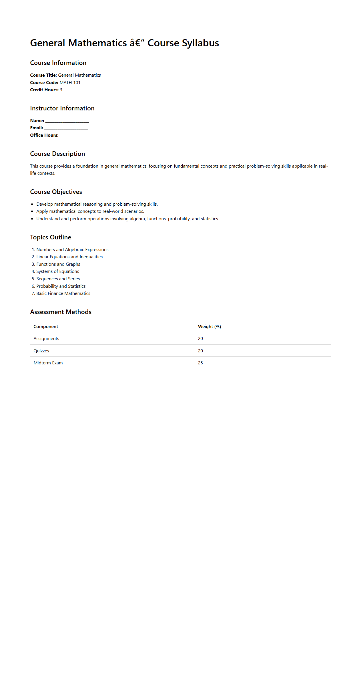 General Mathematics Course Syllabus Example