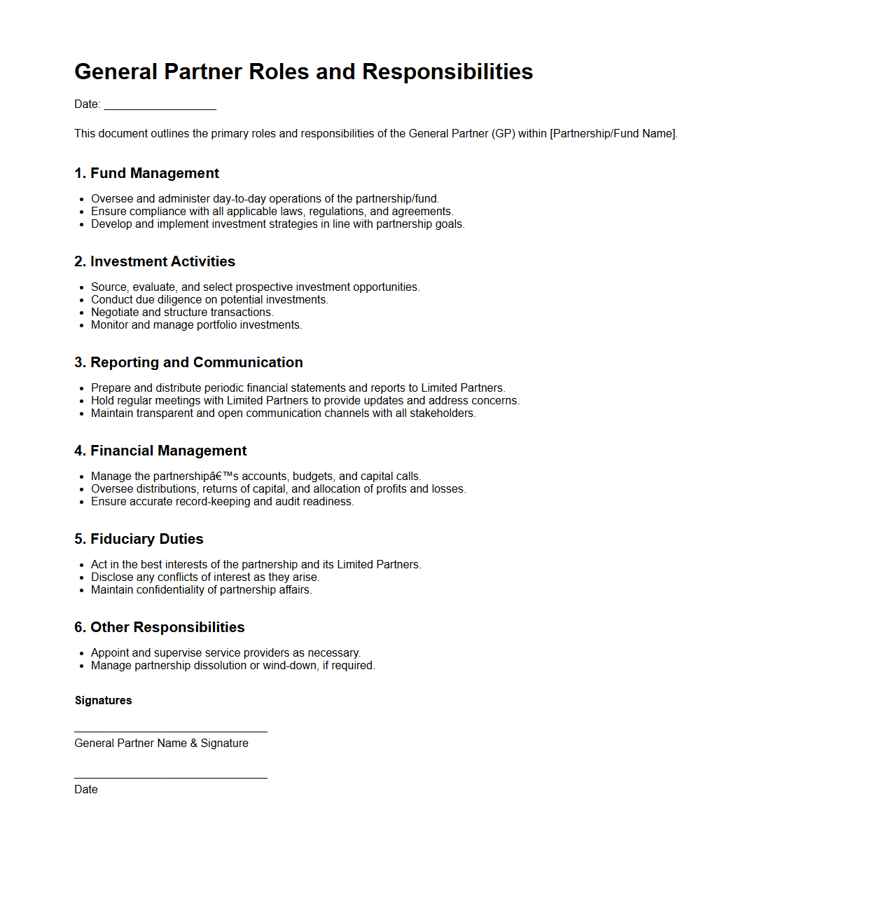 General Partner Roles and Responsibilities Document