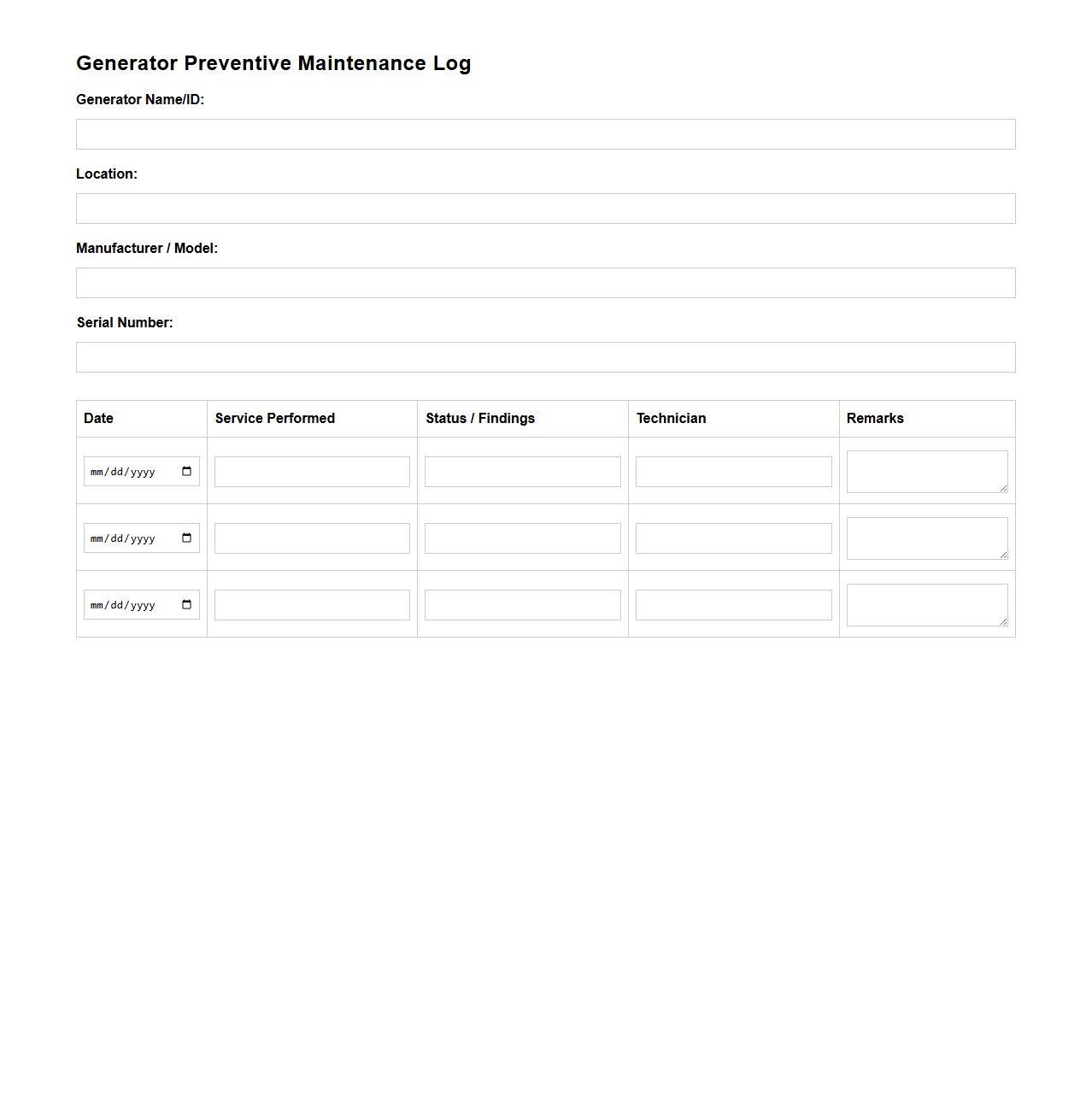 Generator Preventive Maintenance Log Template