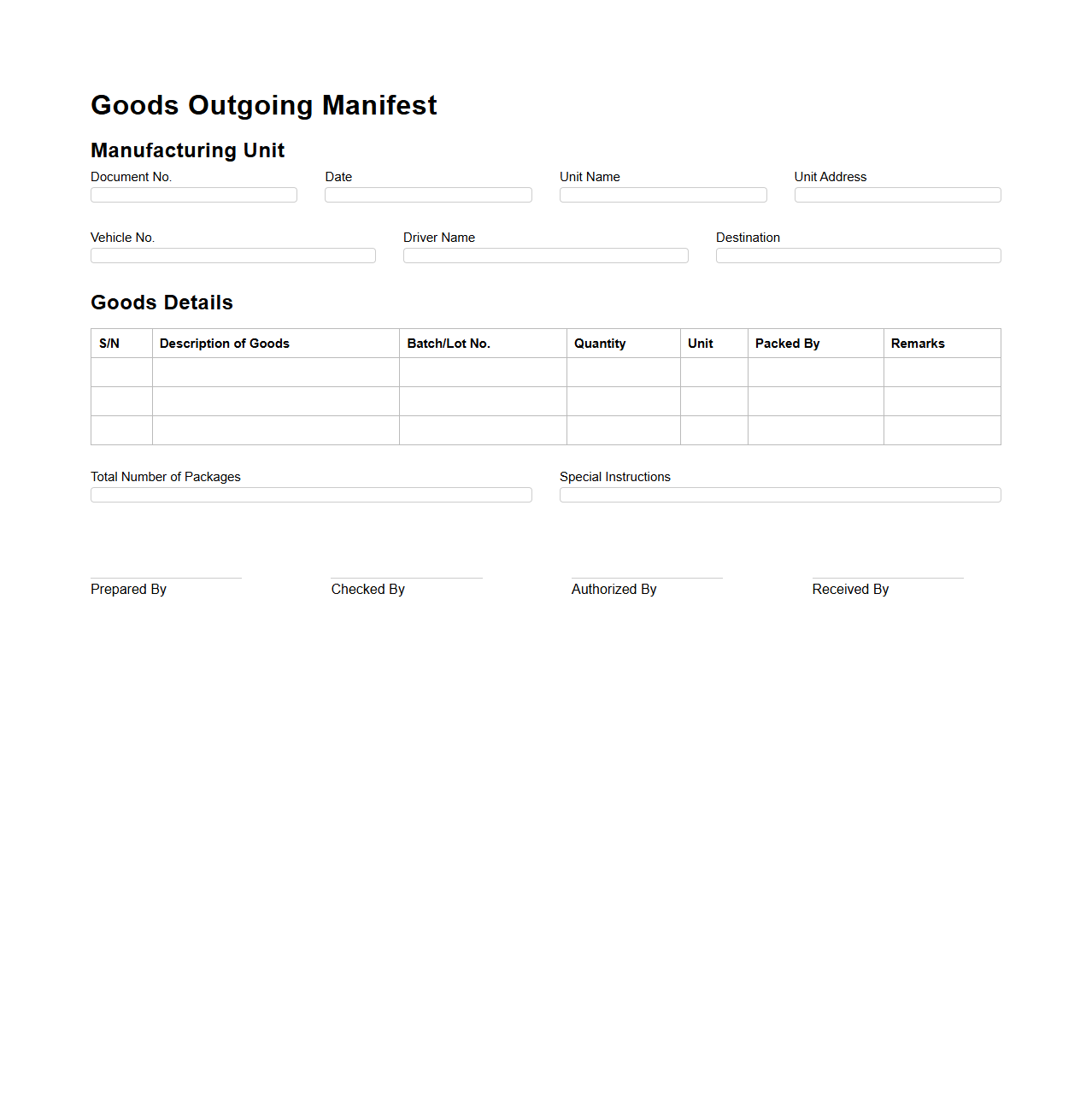 Goods Outgoing Manifest for Manufacturing Units