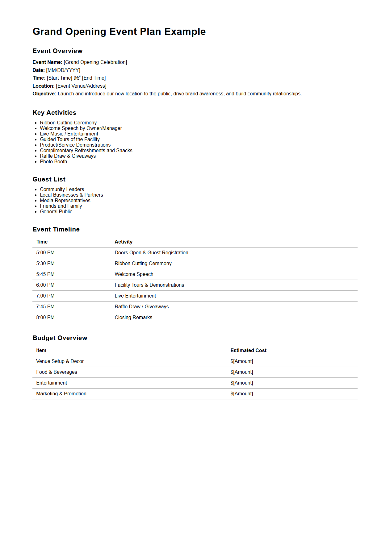 Grand Opening Event Plan Example