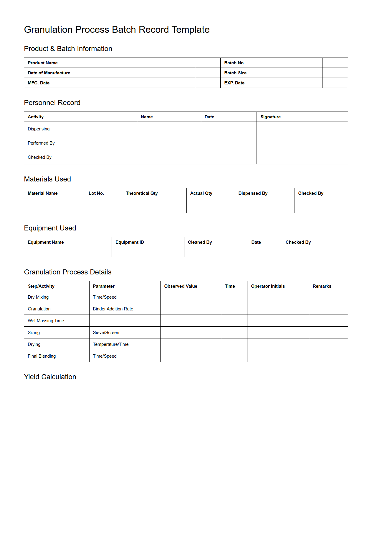 Granulation Process Batch Record Template