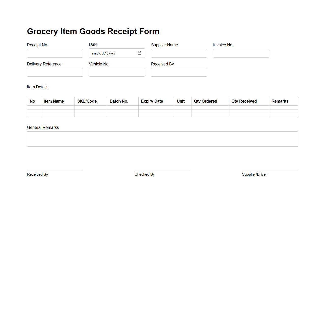 Grocery Item Goods Receipt Form for Hypermarkets