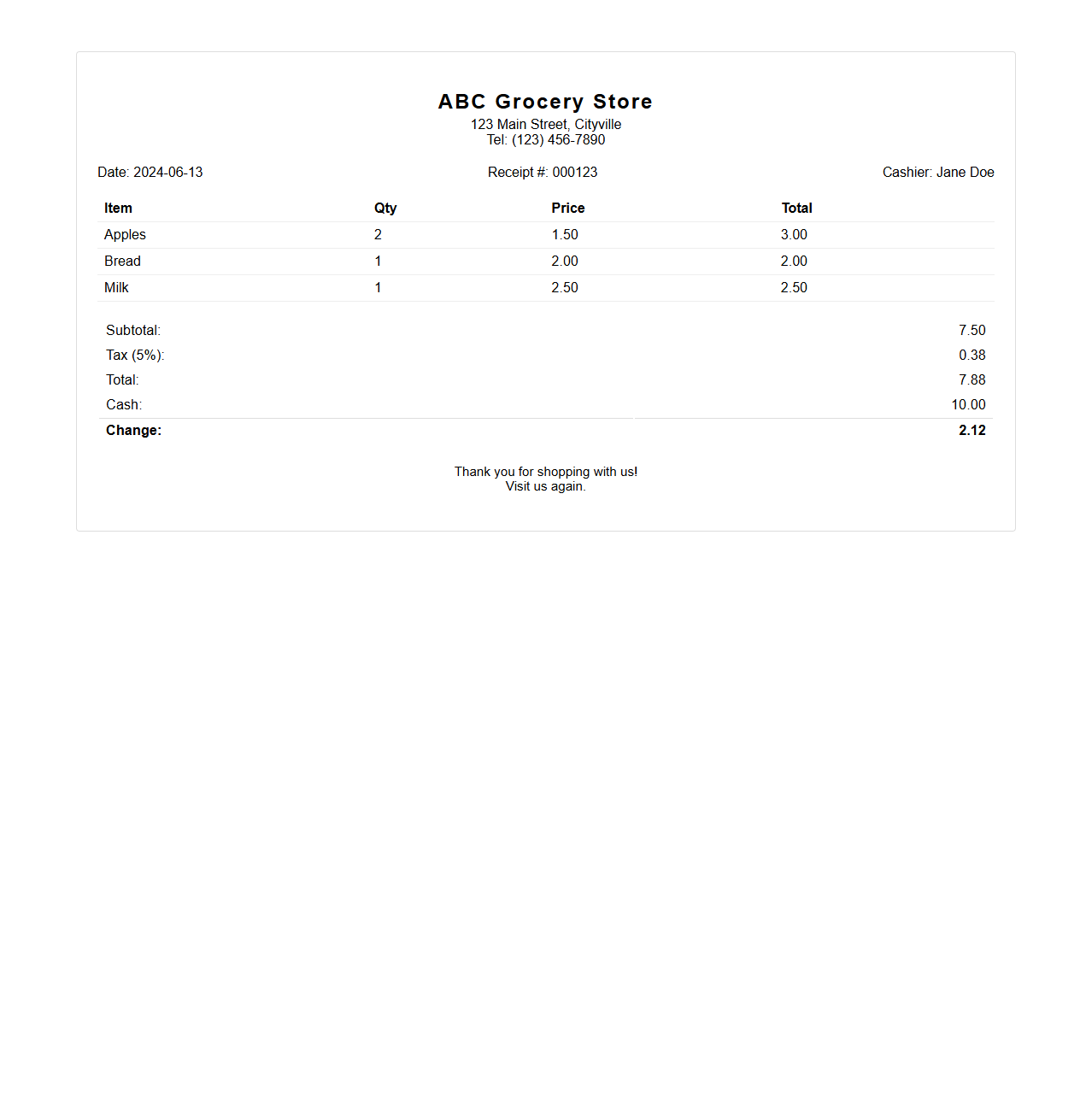 Grocery Store Sales Receipt Format for Point of Sale