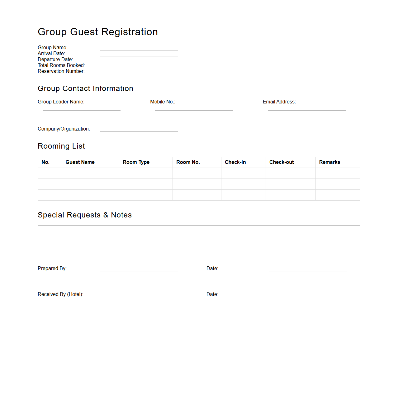 Group Guest Registration Document for Hospitality