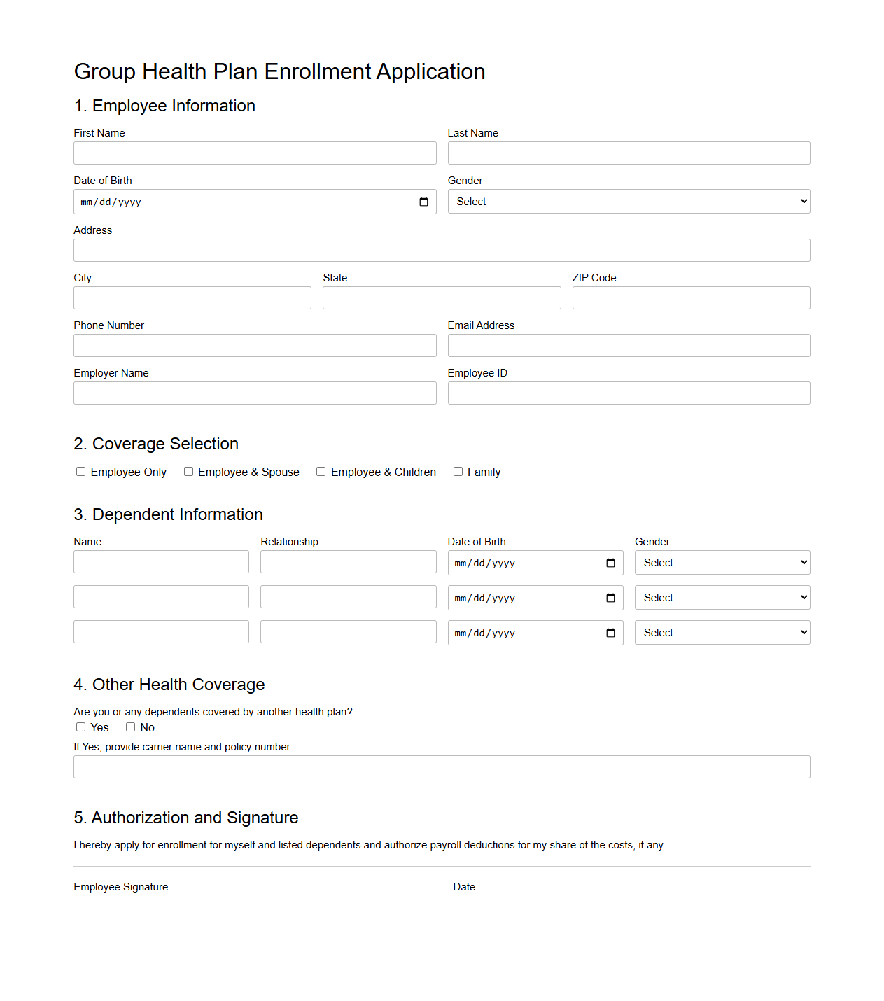 Group Health Plan Enrollment Application Sample
