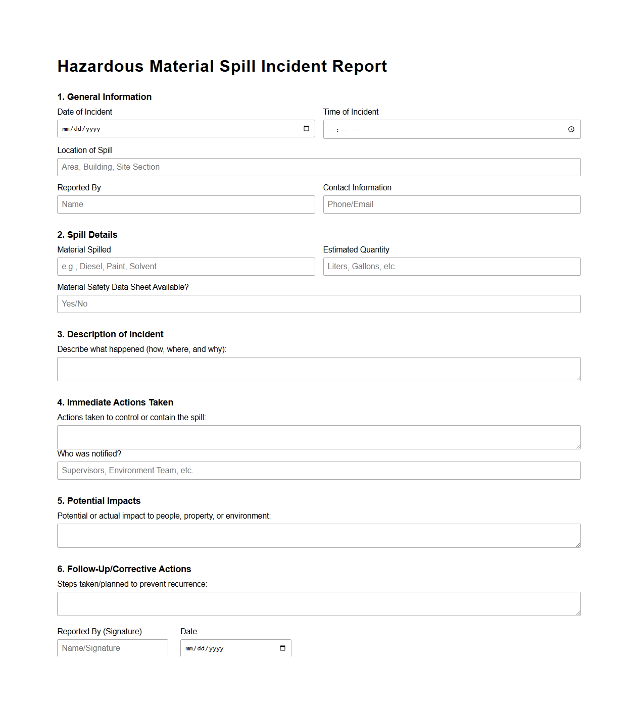 Hazardous Material Spill Incident Report Example for Construction