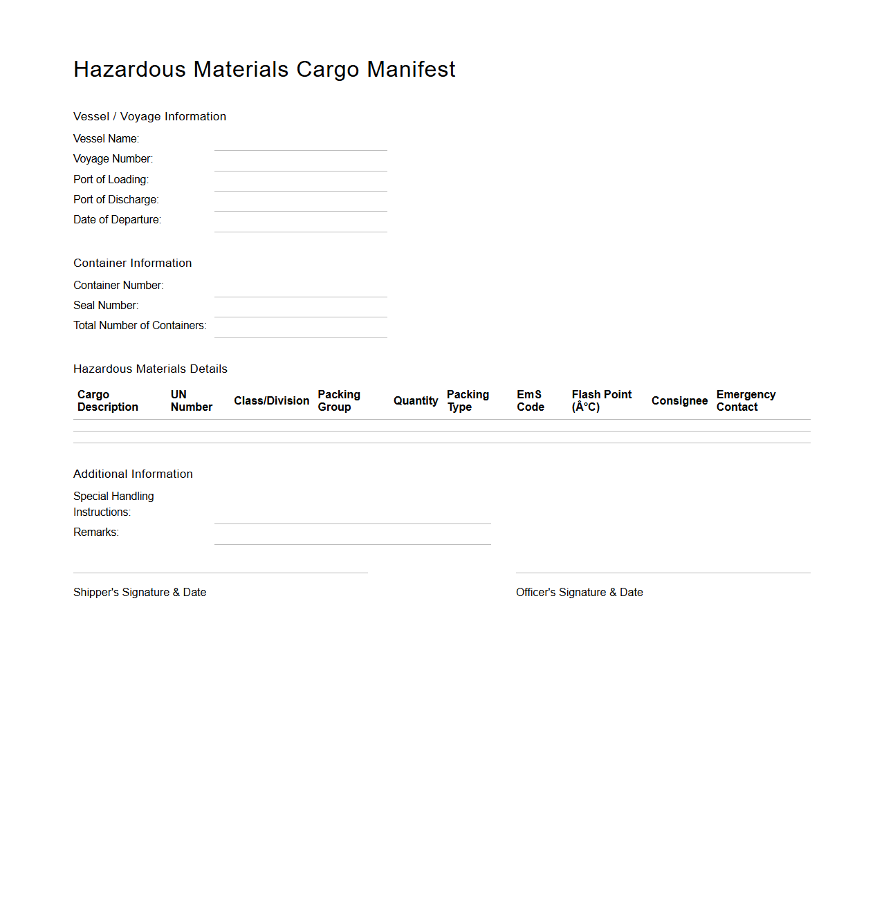 Hazardous Materials Cargo Manifest Template for Container Shipping