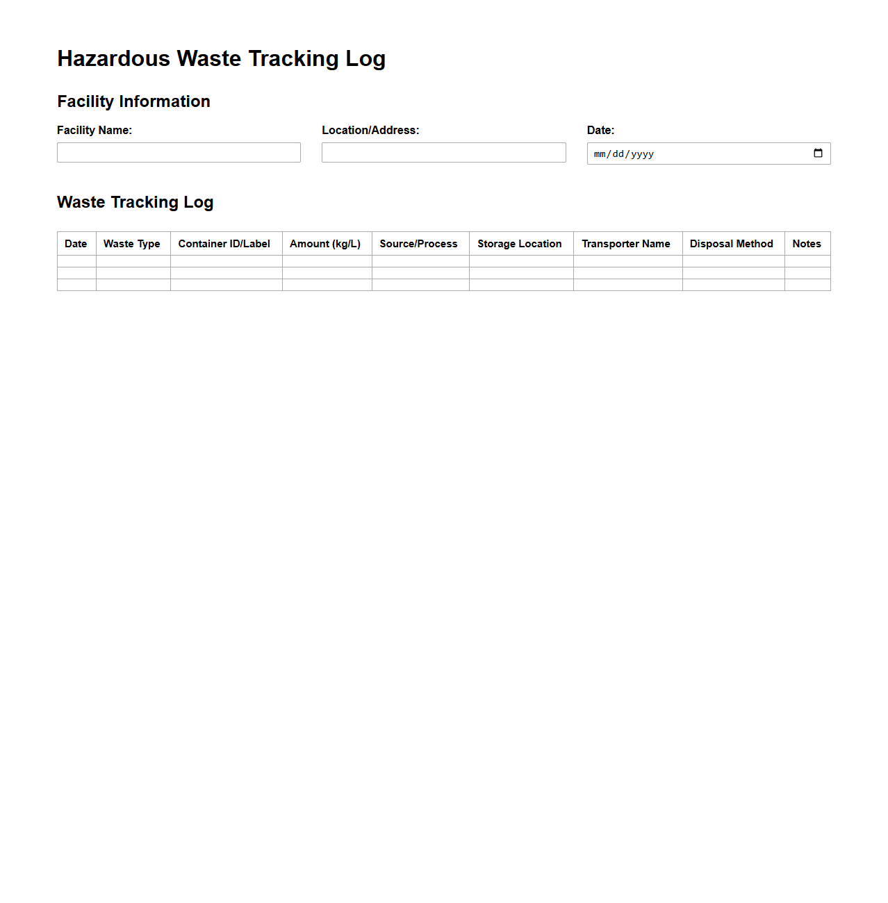 Hazardous Waste Tracking Log for Manufacturing