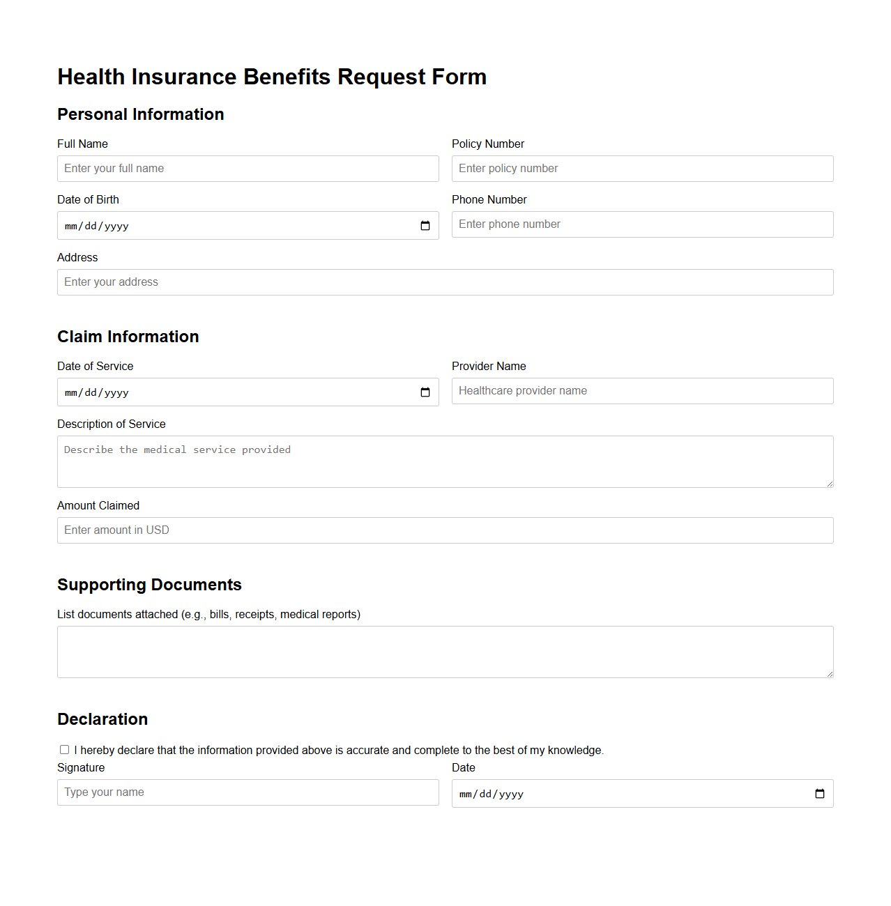 Health Insurance Benefits Request Sample