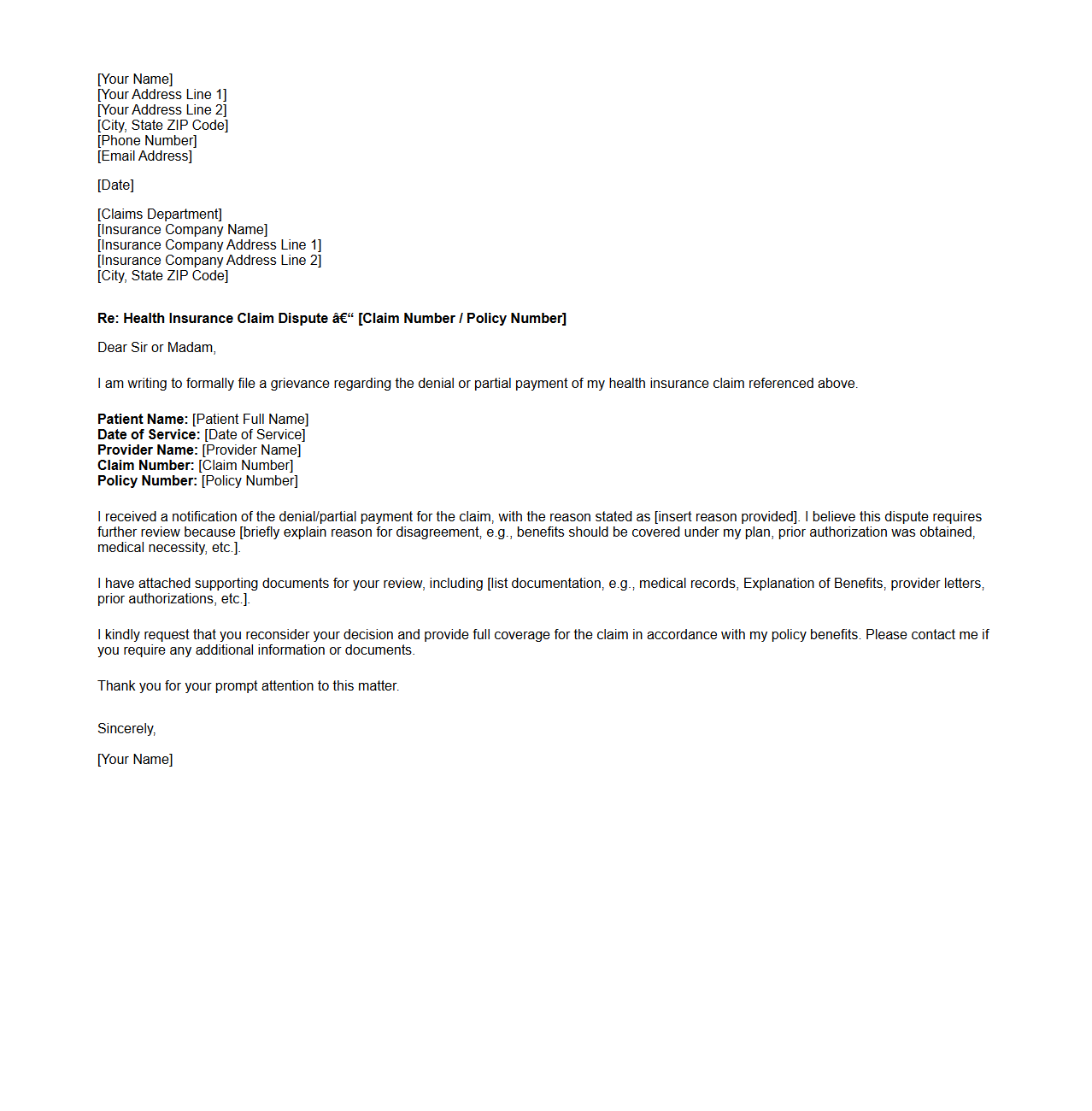 Health Insurance Claim Dispute Grievance Letter
