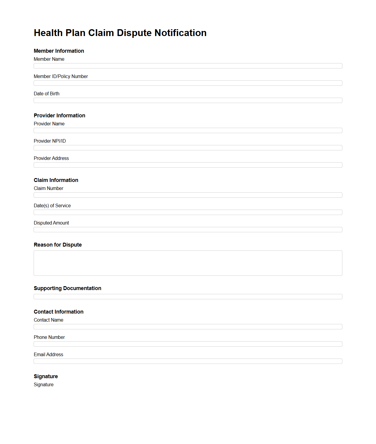 Health Plan Claim Dispute Notification Template