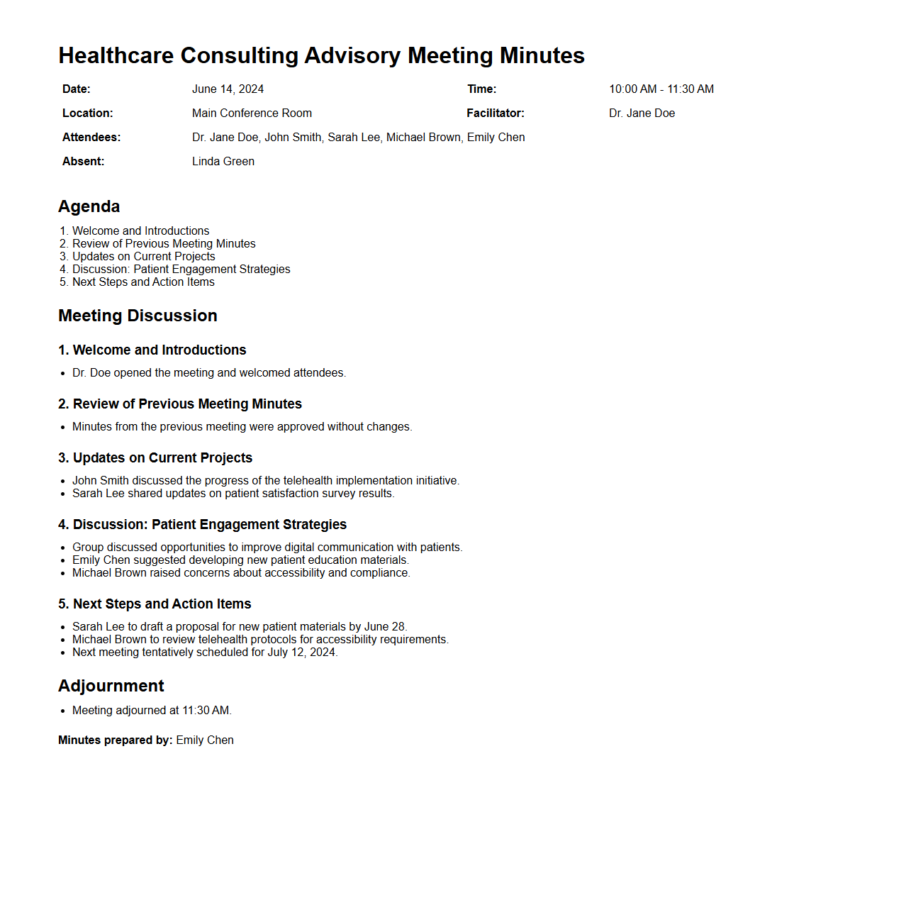 Healthcare Consulting Advisory Meeting Minutes Example