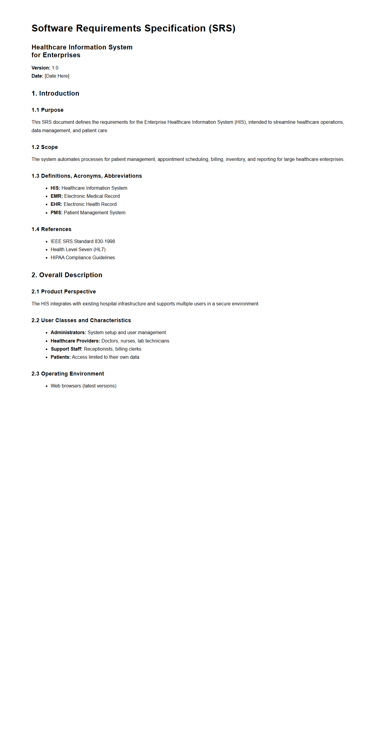 Healthcare Information System SRS Sample for Enterprises