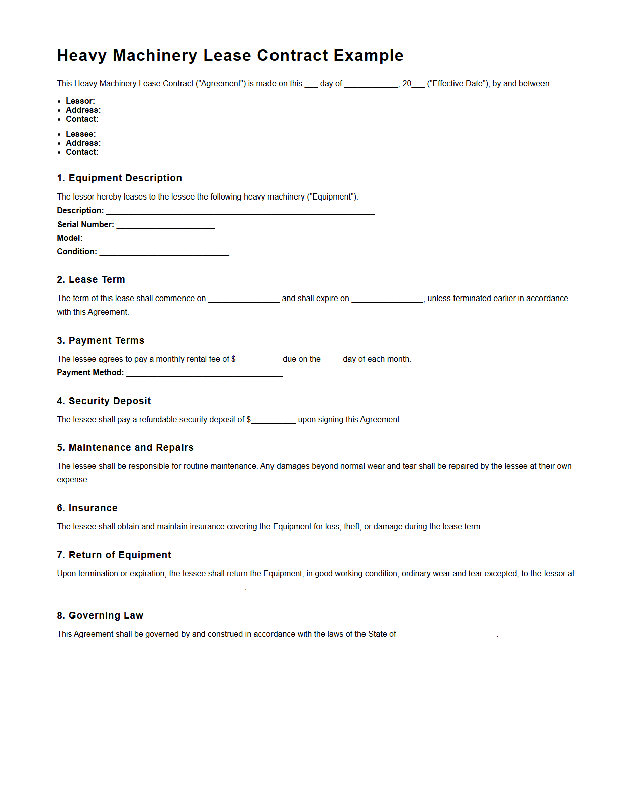 Heavy Machinery Lease Contract Example