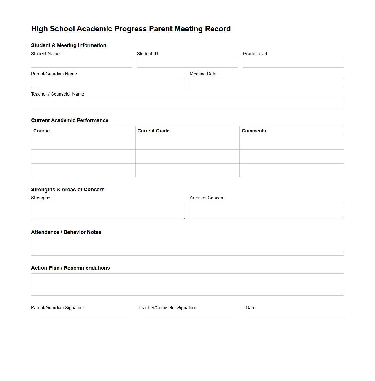 High School Academic Progress Parent Meeting Record