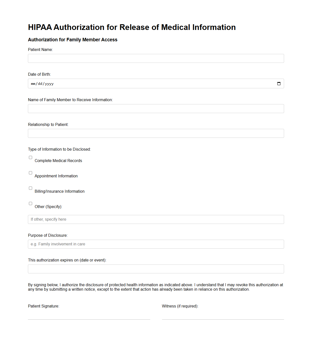 HIPAA Authorization Document for Family Member Access
