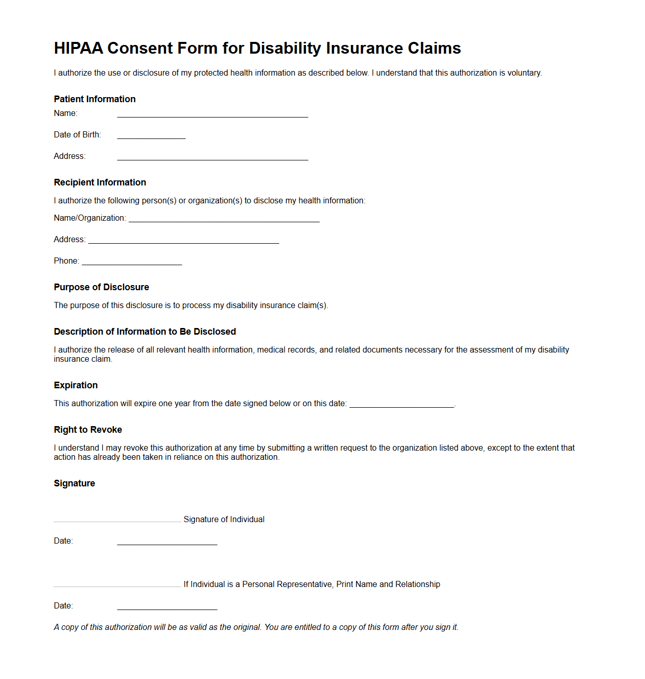 HIPAA Consent Form for Disability Insurance Claims
