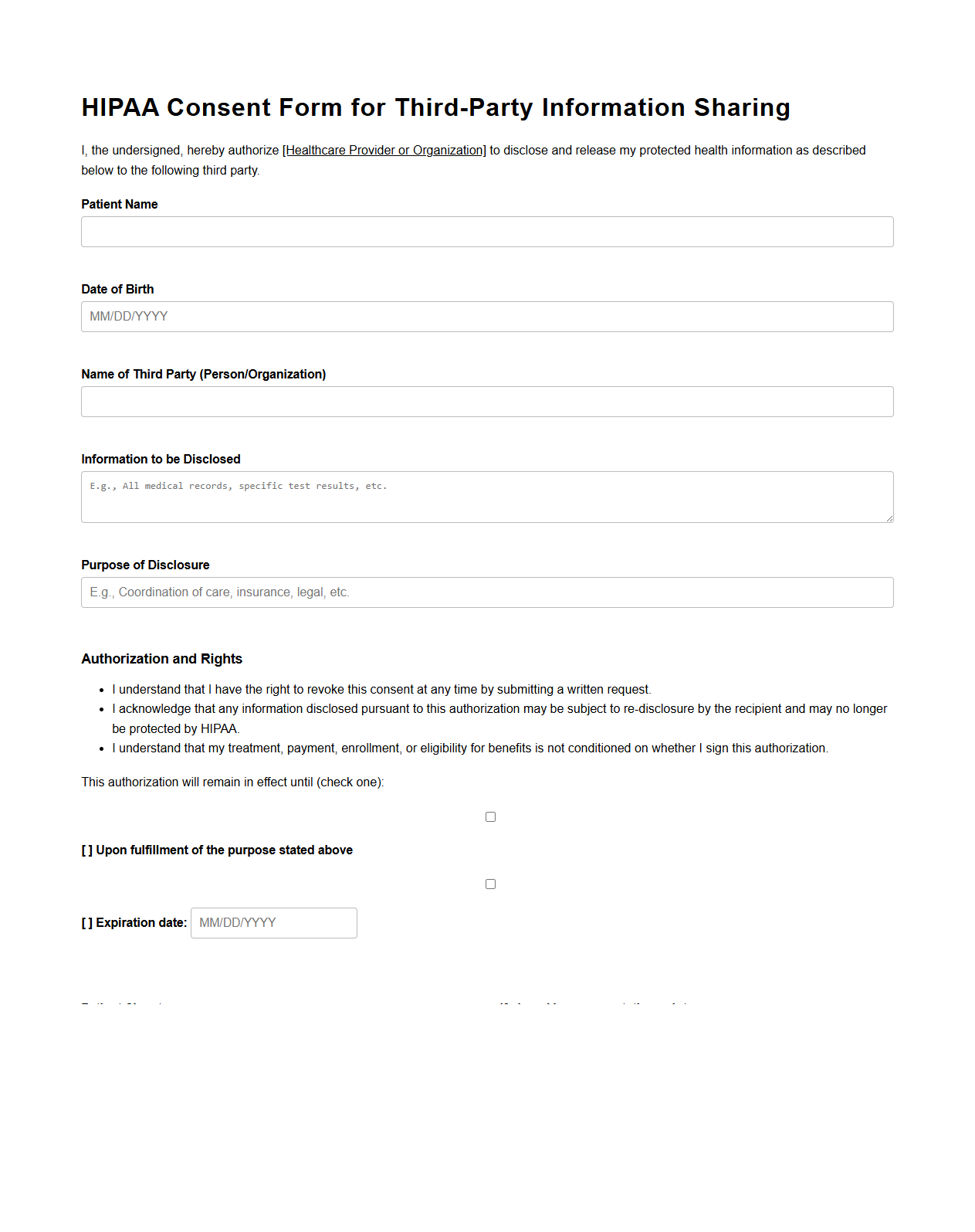 HIPAA Consent Form for Third-Party Information Sharing