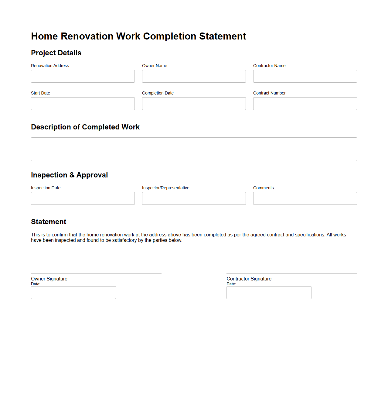 Home Renovation Work Completion Statement