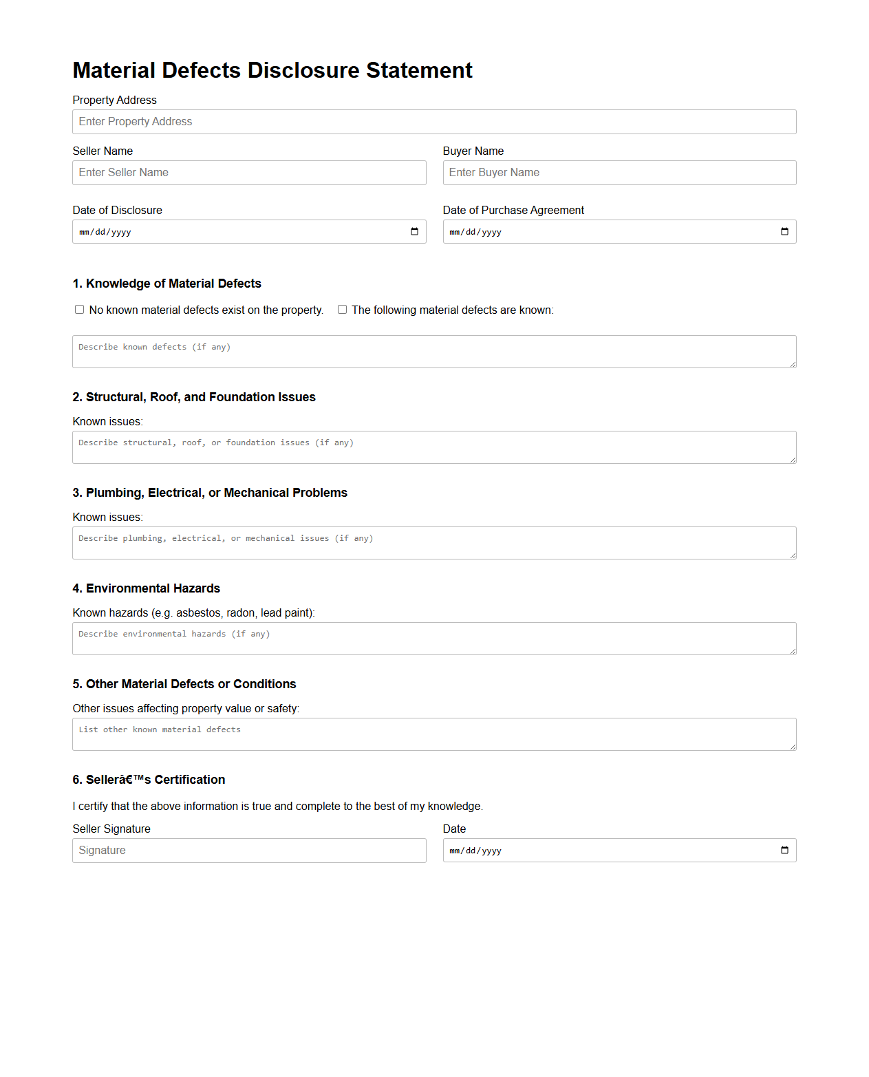 Home Sale Material Defects Disclosure Example