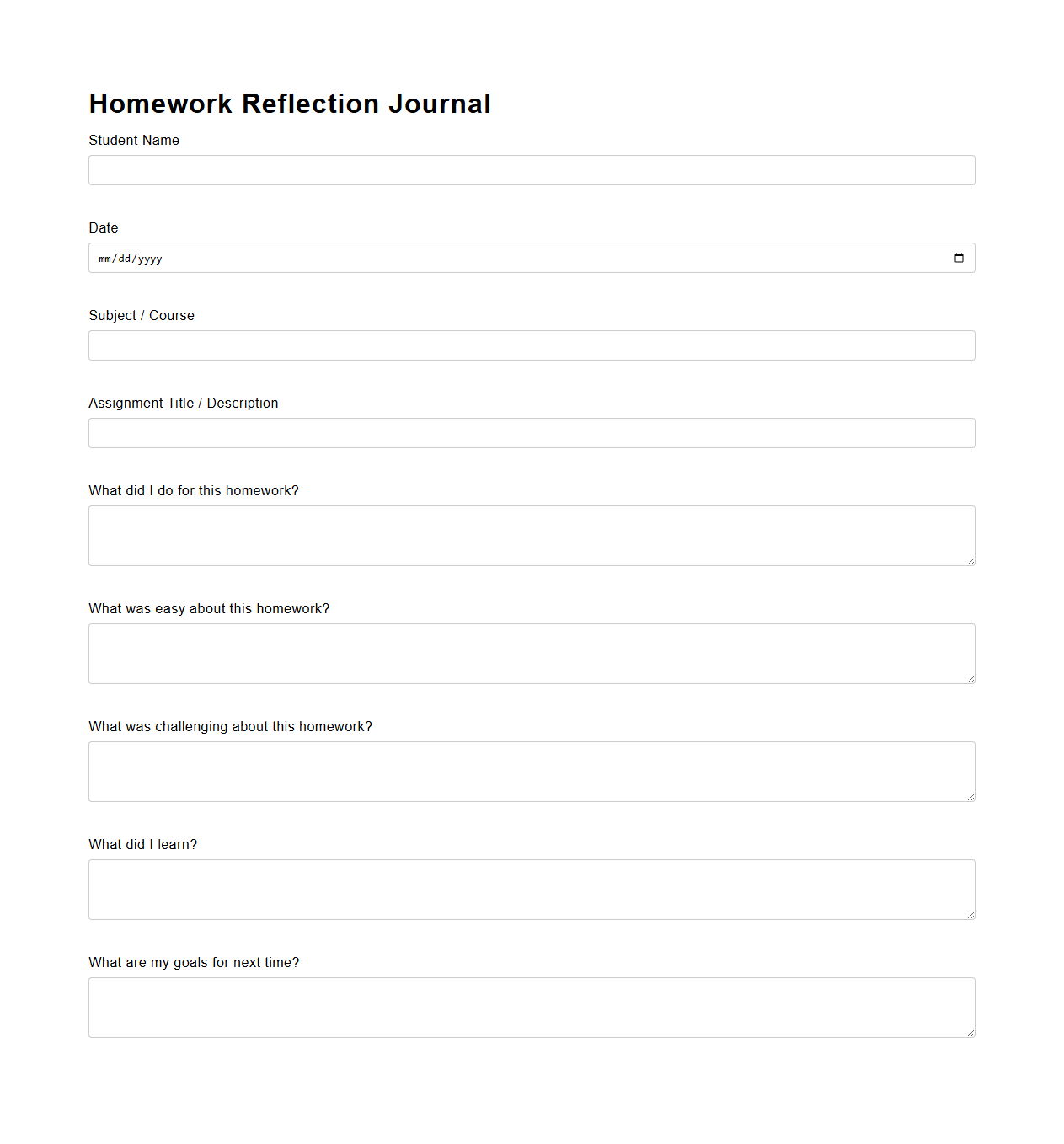 Homework Reflection Journal Template for Student Use
