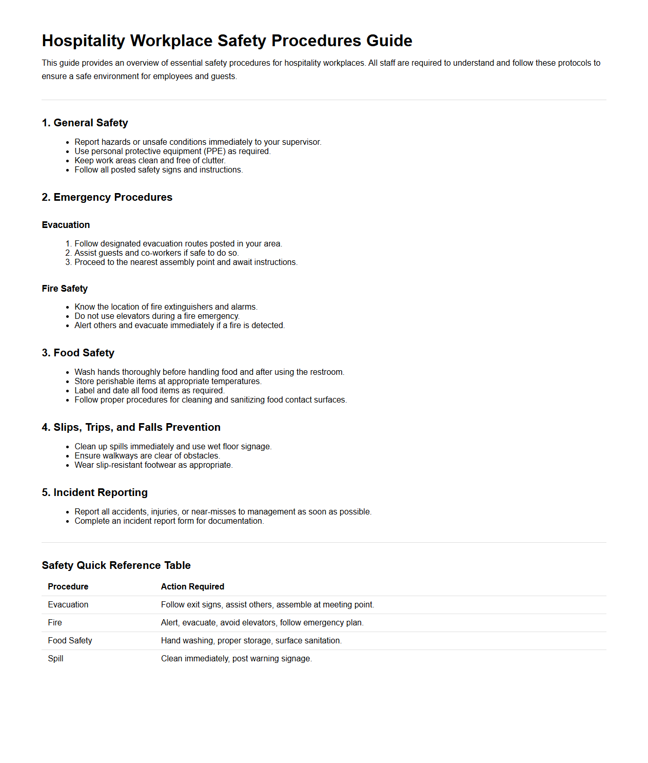 Hospitality Workplace Safety Procedures Guide