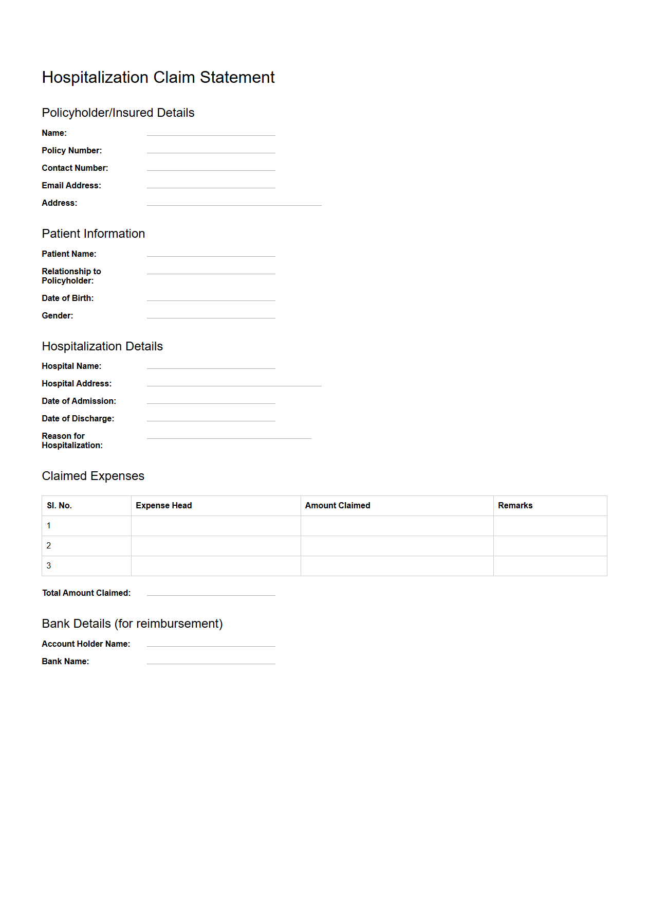 Hospitalization Claim Statement Format