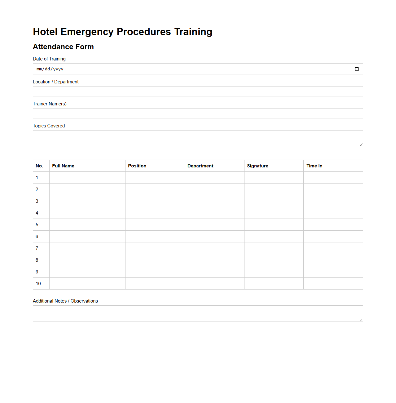 Hotel Emergency Procedures Training Attendance Form