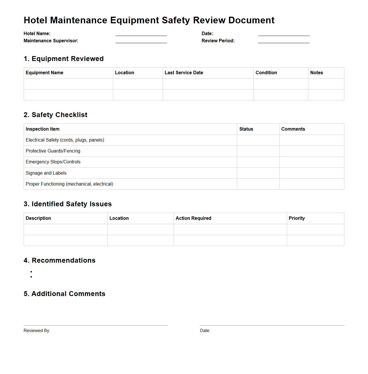 Hotel Maintenance Equipment Safety Review Document